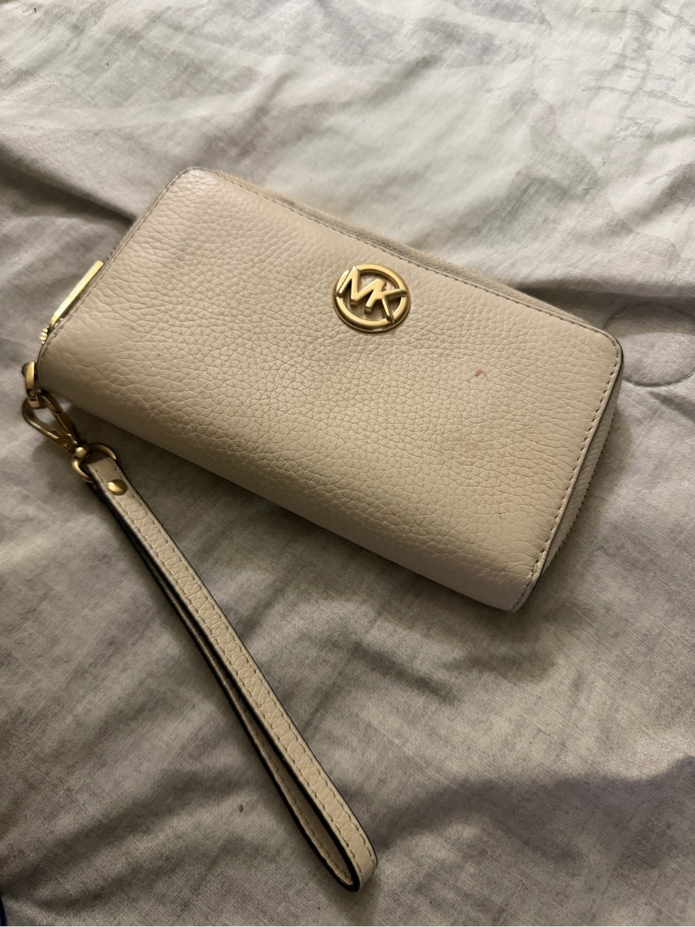 Michael Kors Cream Leather Zip Wristlet with Gold Logo